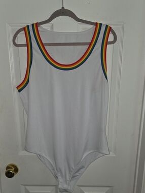 White Bodysuit with Rainbow Trim